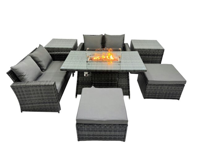 Rackhams Outdoor Love Sofa Set 6 Seat Rattan Garden Furniture Set with Gas Firpit Dining Table 2 Big Footstools 2 Side Table Dark Grey Mixed - image 1