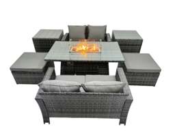 Rackhams Outdoor Love Sofa Set 6 Seat Rattan Garden Furniture Set with Gas Firpit Dining Table 2 Big Footstools 2 Side Table Dark Grey Mixed - thumbnail 2