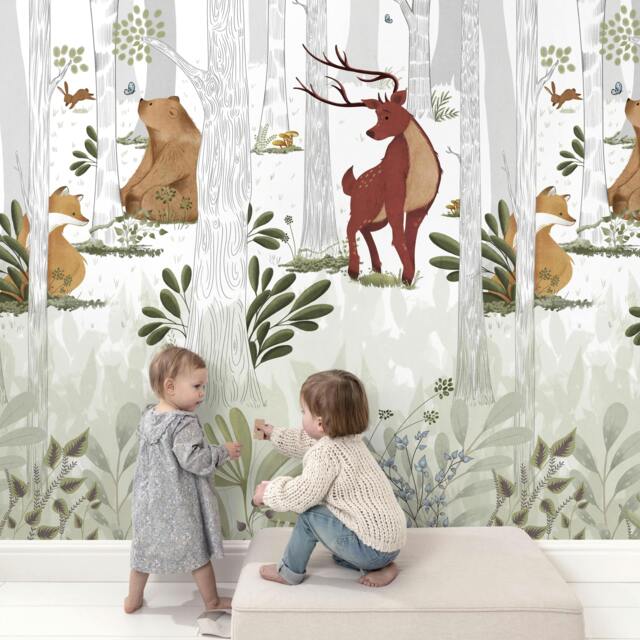 Rackhams Animal Kingdom Nursery Woodland Scene 3 panel repeatable Mural 1.59 x 2.8m, White