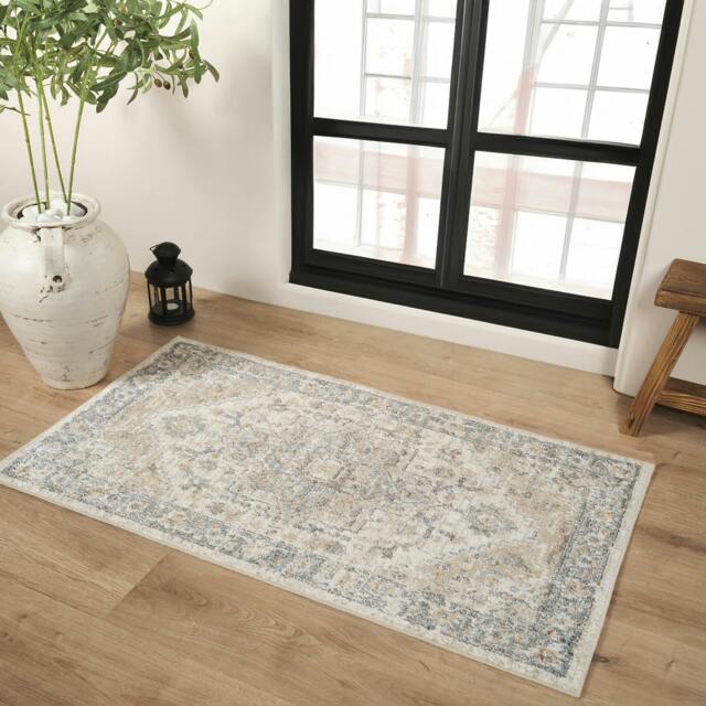 Rackhams Lillian-Washable Blue Brown Traditional Vintage Boho Rug - 60 x 90 cm - image 1