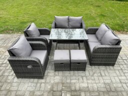 Rackhams Wicker PE Rattan Garden Dining Set Outdoor Furniture Sofa with Rectangular Dining Table 2 Small Footstool Dark Grey Mixed - thumbnail 1
