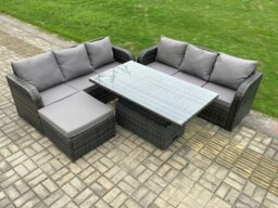 Rackhams Outdoor Rattan Garden Furniture Sets Height Adjustable Rising lifting Dining Table Sofa Set with Big Footstool Dark Grey Mixed - thumbnail 2