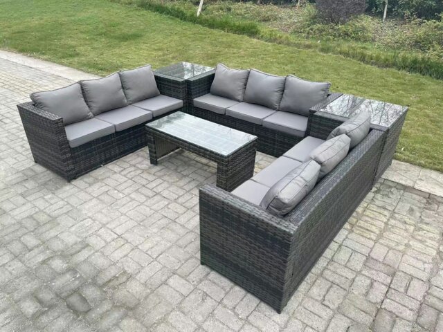 Rackhams Outdoor Rattan Garden Furniture Lounge Sofa Set With Oblong Rectagular Coffee Table And 2 Side Table - image 1