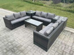 Rackhams Outdoor Rattan Garden Furniture Lounge Sofa Set With Oblong Rectagular Coffee Table And 2 Side Table - thumbnail 1