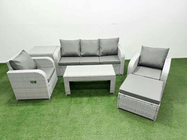 Rackhams PE Rattan Garden Furniture Set Reclining Chair Sofa Lounge Sofa Set Rectangular Coffee Table Side Table Big Footstool Light Grey - image 1