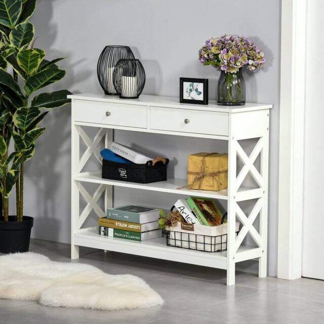 Rackhams Console Table Side Desk Shelves Drawers Open Top X Support Hallway Black - White - image 1