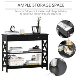 Rackhams Console Table Side Desk Shelves Drawers Open Top X Support Hallway Black - White - thumbnail 4