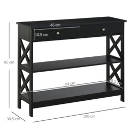 Rackhams Console Table Side Desk Shelves Drawers Open Top X Support Hallway Black - White - thumbnail 6