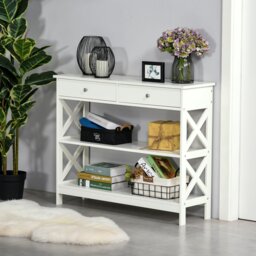 Rackhams Console Table Side Desk Shelves Drawers Open Top X Support Hallway Black - White