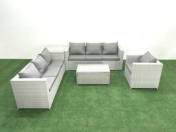 Rackhams Wicker PE Rattan Sofa Garden Furniture Set with Armchair Oblong Coffee Table Side Table Light Grey Mixed - thumbnail 1