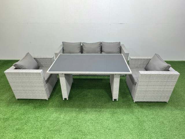 Rackhams Patio Garden Furniture Sets with Black Glass Top Dining Table Armchair 3 Seater Sofa Light Grey - image 1