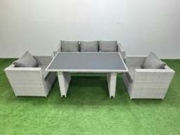 Rackhams Patio Garden Furniture Sets with Black Glass Top Dining Table Armchair 3 Seater Sofa Light Grey