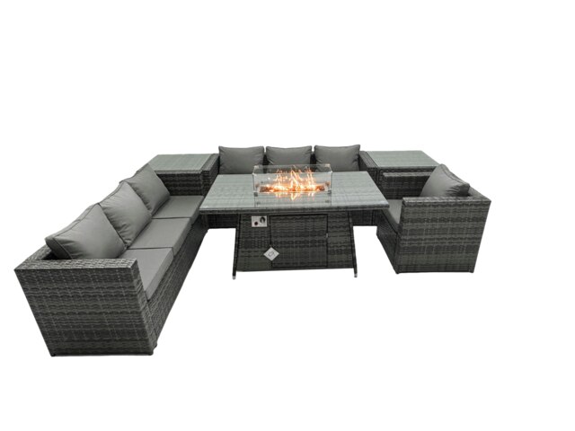 Rackhams Rattan Garden Furniture Fire Pit Dining Set 7 Seater Lounge Sofa Table Set with 2 side table - image 1