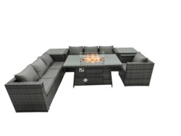 Rackhams Rattan Garden Furniture Fire Pit Dining Set 7 Seater Lounge Sofa Table Set with 2 side table - thumbnail 1