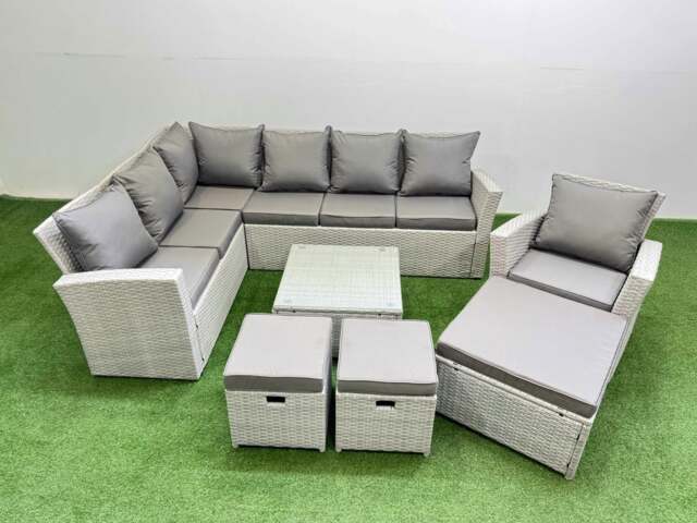 Rackhams Outdoor Rattan Garden Furniture Set 10 Seater Corner Sofa Sets with Square Coffee Table Chair 3 Footstools Light Grey Mixed - image 1