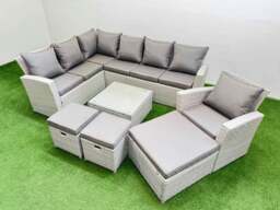 Rackhams Outdoor Rattan Garden Furniture Set 10 Seater Corner Sofa Sets with Square Coffee Table Chair 3 Footstools Light Grey Mixed - thumbnail 2