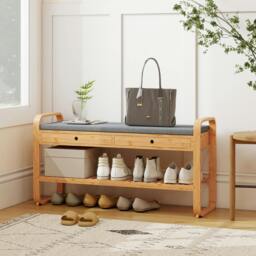 Rackhams Shoe Bench with 2 Drawers Cushioned Seat 105 cm - Natural wood finish - thumbnail 1