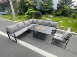 Rackhams Aluminum Outdoor Garden Furniture Corner Sofa Chair Gas Fire Pit Dining Table Sets Gas Heater Burner Dark Grey 8 Seater