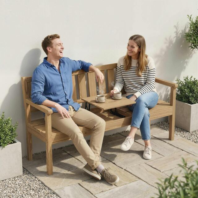 Rackhams Wooden Garden Bench with Table and Hidden Shelf, Teak - Wooden garden bench - 167 - Fir wood - image 1