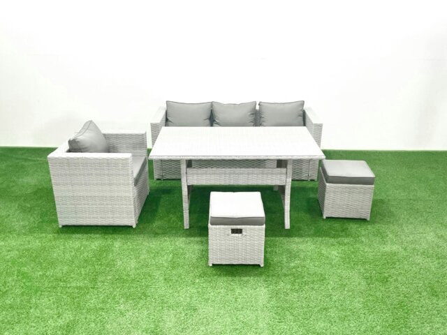 Rackhams Garden Dining Set Outdoor Rattan Furniture Set with Sofa Dining Table Small Footstools Light Grey Mixed - image 1