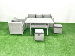Rackhams Garden Dining Set Outdoor Rattan Furniture Set with Sofa Dining Table Small Footstools Light Grey Mixed - thumbnail 2
