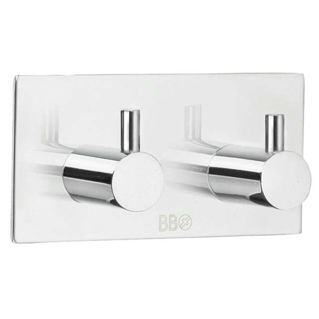 Rackhams Chrome Stainless Steel Double Towel Hook (90 x 45mm) Self Adhesive Bathroom Wall Mounted