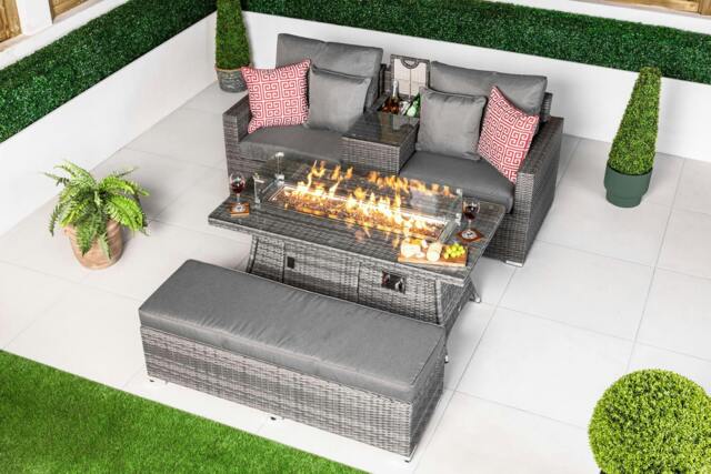 Rackhams Havana 2 Seat Modular Sofa Rattan Garden Balcony Furniture Set Outdoor Drinks Cooler Table, Fire Pit Coffee Table & Bench - Grey - 1 - image 1