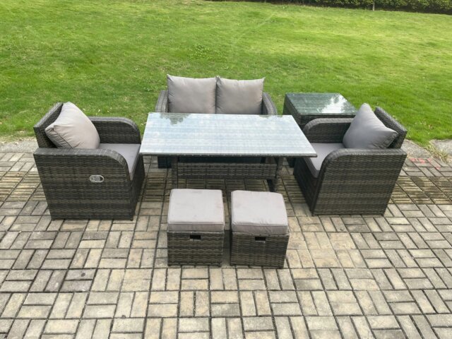 Rackhams Outdoor Rattan Garden Furniture Lounge Sofa Set With Oblong Rectangular Dining Table 2 PC Reclining Chair Side Table 2 Small Footstool - image 1