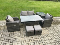 Rackhams Outdoor Rattan Garden Furniture Lounge Sofa Set With Oblong Rectangular Dining Table 2 PC Reclining Chair Side Table 2 Small Footstool - thumbnail 2