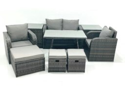 Rackhams Outdoor Garden Furniture Set Rattan Sofa Dining Table Set with Reclining Chair 3 Footstool 2 Side Table Dark Grey Mixed - thumbnail 1
