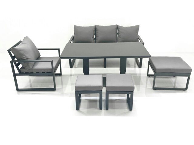 Rackhams Outdoor Aluminium Garden Furniture Set with Adjustable Rising Lifting Dining Table 3 Seater Sofa Chair 3 Footstools Dark Grey - image 1