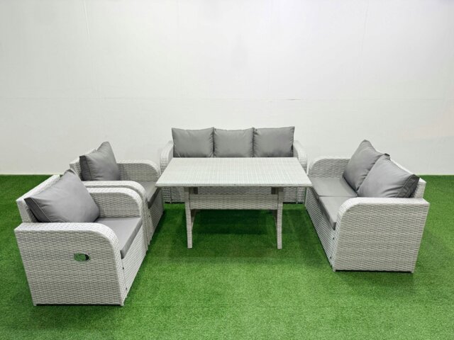 Rackhams PE Rattan Garden Furniture Set Reclining Chair Sofa Double Love Seat 2 Seater Sofa Lounge Set Rectangular Dining Table Light Grey - image 1
