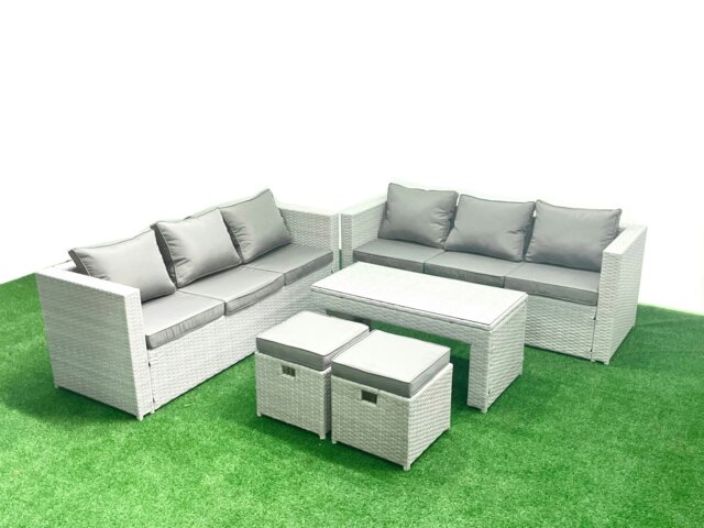Rackhams 8 Seater Garden Outdoor Rattan Furniture Set Rattan Garden Sofa Oblong Coffee Table with 2 Small Footstool Light Grey Mixed - image 1