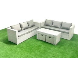 Rackhams 8 Seater Garden Outdoor Rattan Furniture Set Rattan Garden Sofa Oblong Coffee Table with 2 Small Footstool Light Grey Mixed - thumbnail 2