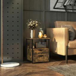 Rackhams Industrial Side Table with Drawer, Sofa Table, Bedside Cabinet with Storage Shelf, Slim Nightstand for Living Room, Bedroom, Rustic Brown - thumbnail 2