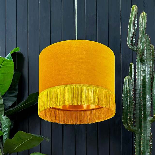 "Rackhams Butterscotch Velvet Lampshade With Copper Foil Lining and Fringing - Ceiling Pendant / Arc Lamp - 70cm Diameter x 30cm Height / (27"" x 12"")" - image 1