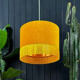 "Rackhams Butterscotch Velvet Lampshade With Copper Foil Lining and Fringing - Ceiling Pendant / Arc Lamp - 70cm Diameter x 30cm Height / (27"" x 12"")" - thumbnail 1