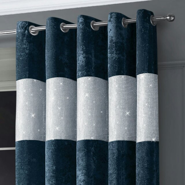 Rackhams Diamante Crushed Velvet Ready Made Eyelet Curtains - 168cm x 183cm - Navy - image 1