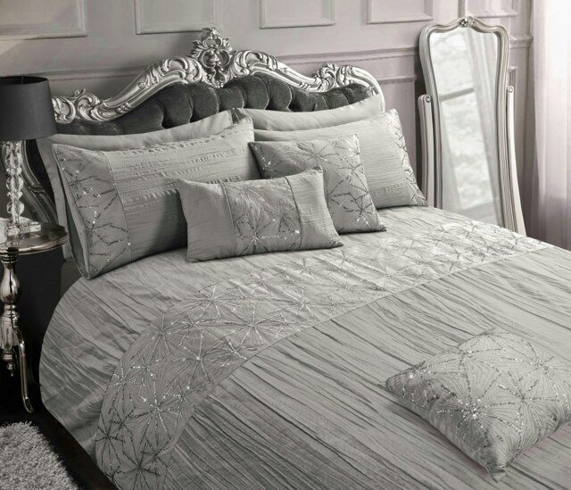 Rackhams Marini Crinkle Sequin Pleated Duvet Cover & Pillowcase Set - Silver - Double