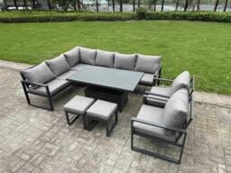 Rackhams 10 Seater Corner Sofa Set 9 Piece Aluminium Garden Furniture w/ Adjustable Rising Lifting Dining Table,Chair,2 Small Footstools Dark Grey - thumbnail 2