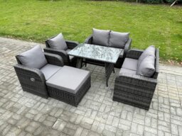 Rackhams Wicker PE Rattan Garden Dining Set Outdoor Furniture Sofa with Rectangular Dining Table Big Footstool Dark Grey Mixed - thumbnail 2