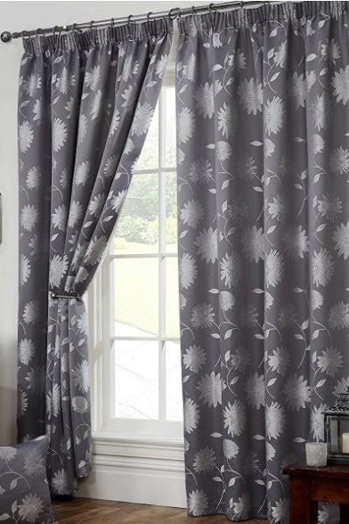 "Rackhams Freya Floral Fully Lined Pencil Pleat Curtains - Silver - 66 x 90"""