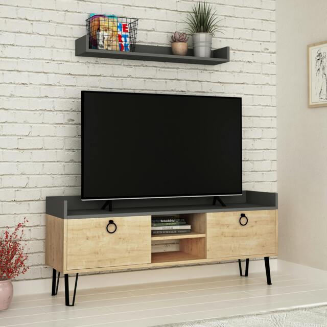 Rackhams Keday Modern TV Unit Multimedia Centre Oak with Wall Shelf Unit 140cm - Anthracite - image 1