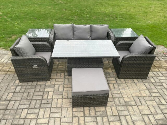 Rackhams Wicker PE Rattan Outdoor Garden Furniture Set Height Adjustable Rising lifting Dining Table With Armchair 2 Side Tables Footstool - image 1