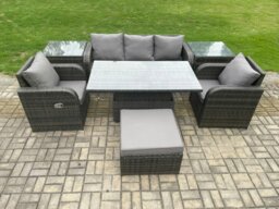 Rackhams Wicker PE Rattan Outdoor Garden Furniture Set Height Adjustable Rising lifting Dining Table With Armchair 2 Side Tables Footstool - thumbnail 2