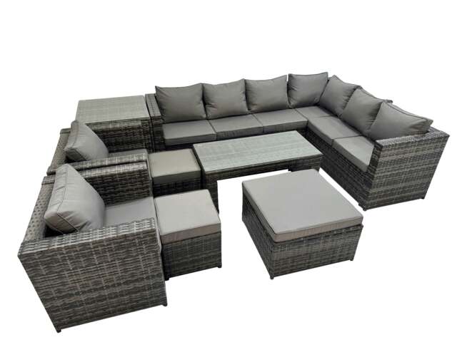 Rackhams Outdoor Rattan Oblong Coffee Table Corner Sofa Sets Garden Furniture Set with 2 Chairs 3 Stools Side Table Dark Grey Mixed - image 1