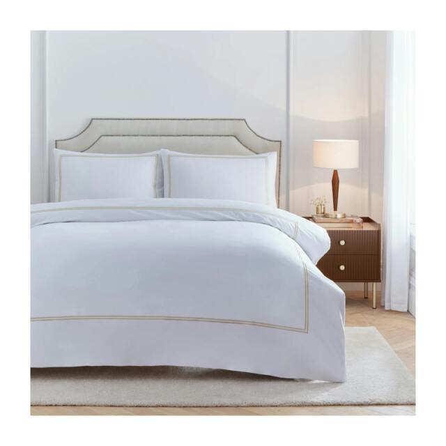Rackhams Elara Reversible Cotton Embroidered Duvet Cover Set - Champagne - Double - Champagne - 100% Cotton - image 1