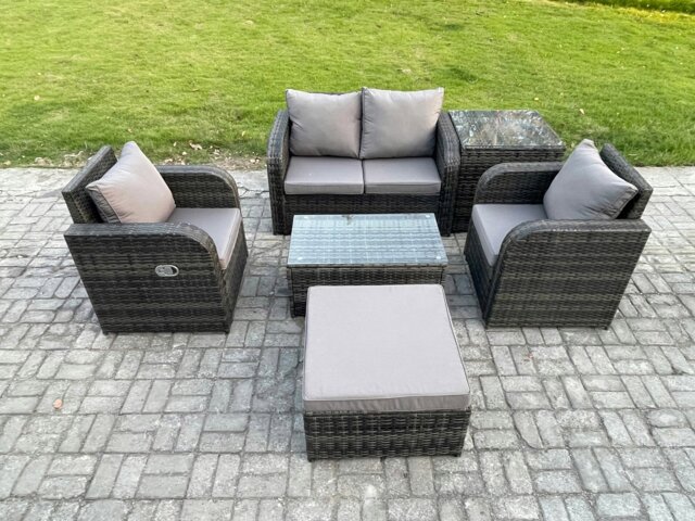 Rackhams 6 PC Outdoor PE Rattan Garden Furniture Set Wicker Love Sofa Coffee Table 2 Armchair Big Footstool Side Table Dark Grey Mixed - image 1