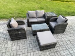 Rackhams 6 PC Outdoor PE Rattan Garden Furniture Set Wicker Love Sofa Coffee Table 2 Armchair Big Footstool Side Table Dark Grey Mixed - thumbnail 2