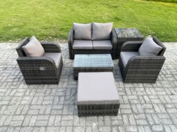 Rackhams 6 PC Outdoor PE Rattan Garden Furniture Set Wicker Love Sofa Coffee Table 2 Armchair Big Footstool Side Table Dark Grey Mixed - thumbnail 1